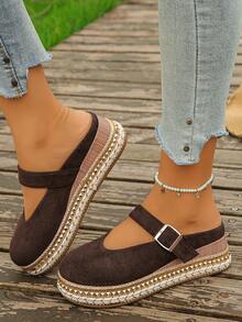 Women's Fashion Round Toe Buckle Black Half Slip-On Retro Style Spring Summer New Daily Wear Chocolate Brown Versatile Thick Sole Slippers Shoes - Chocolate Brown Velvet - View 3
