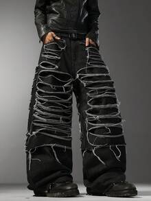 Men's Korean Street‑Style Jeans, Multi‑Ripped Design, Loose Non‑Stretch Wide‑Leg Casual All‑Season Pants (Belt & Accessories Not Included) - Black - View 8
