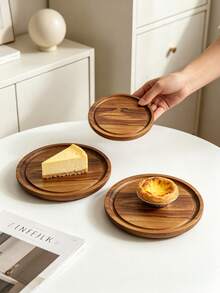 Round Wooden Serving Tray, Wooden Service Plate, Cake Cheese Pastry Fruit Snack Dessert Tray, Multi-Purpose Round Wooden Tray, Kitchen Table Decor, Coffee Cup Tray, Desktop Display Serving Tray - Khaki - View 6