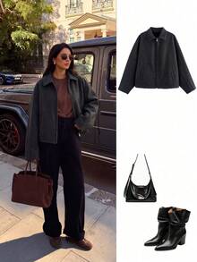 Women's Fashion Minimalist Versatile Commuting Zipper Wool Coat - Dark Grey - View 1