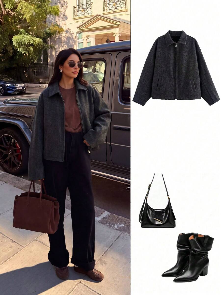 Women's Fashion Minimalist Versatile Commuting Zipper Wool Coat - Dark Grey - View 1