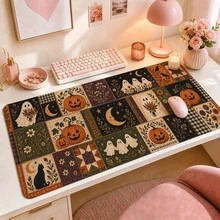 Halloween Patchwork Extended Mouse Pad, 3 Spooky Styles Available, Pumpkin Ghost Black Cat And Bat Desk Mat, Polyester Surface With Non-Slip Rubber Base For Home Office, Dorm, Study And Gaming, 3 Sizes Available - View 6