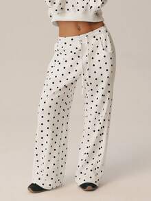 Women's Polka Dot Wide Leg Sweatpants, Elastic Drawstring Waist, Side Pockets, Casual Jogging Pants Bottoms - Beige - View 4