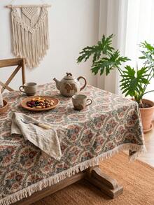 1pc Beige Background Blue Red Green Vintage Paisley Floral Pattern Tablecloth, Retro Bohemian Style Woven Fabric Material, Rectangular Beige Tassel Edge Detail, Stain-Resistant Protective And Decorative Function For Home Dining Table, Suitable For Bohemian Dining Table Decor And Daily Home Scenes - Khaki - View 7