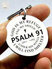 1pc "Psalm 91 God Is My Refuge And My Shield" Round Keychain – Christian Cross Faith Charm | Silver-Tone White Background Bold Text "I Will Under His Wings Find Shelter" | Perfect Gift For Believers, Baptism, Church | Daily Spiritual Protection - Thickened Upgraded Version - View 5