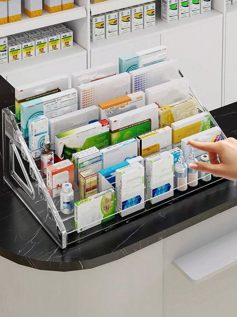 1pc Wall-Mounted Medicine Storage Rack, Common Household Ointment Wall-Mounted Small Compartment Box, First Aid Medicine Sorting Box, Home Medicine Storage Rack, Space-Saving, Desktop Display Style, Transparent Multi-Layer Vertical PET Material Medicine Shelf, Home Emergency Medicine Storage Rack - Clear - View 1