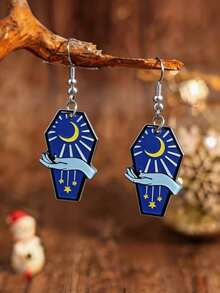 1Pair Mystic Blue Coffin Moon Star Magic Hand 2D Flat Acrylic Dangle Earrings For Women Halloween Party Decor No Box. - Earrings - View 1