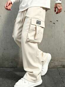 Men's Fashion Cargo Pants, Multi-Pocket Straight Leg Elastic Waist Loose Fit Solid Color Single Side Embroidered Logo Training Sports Cargo Long Pants, Non-Stretch Fabric - Beige - View 9