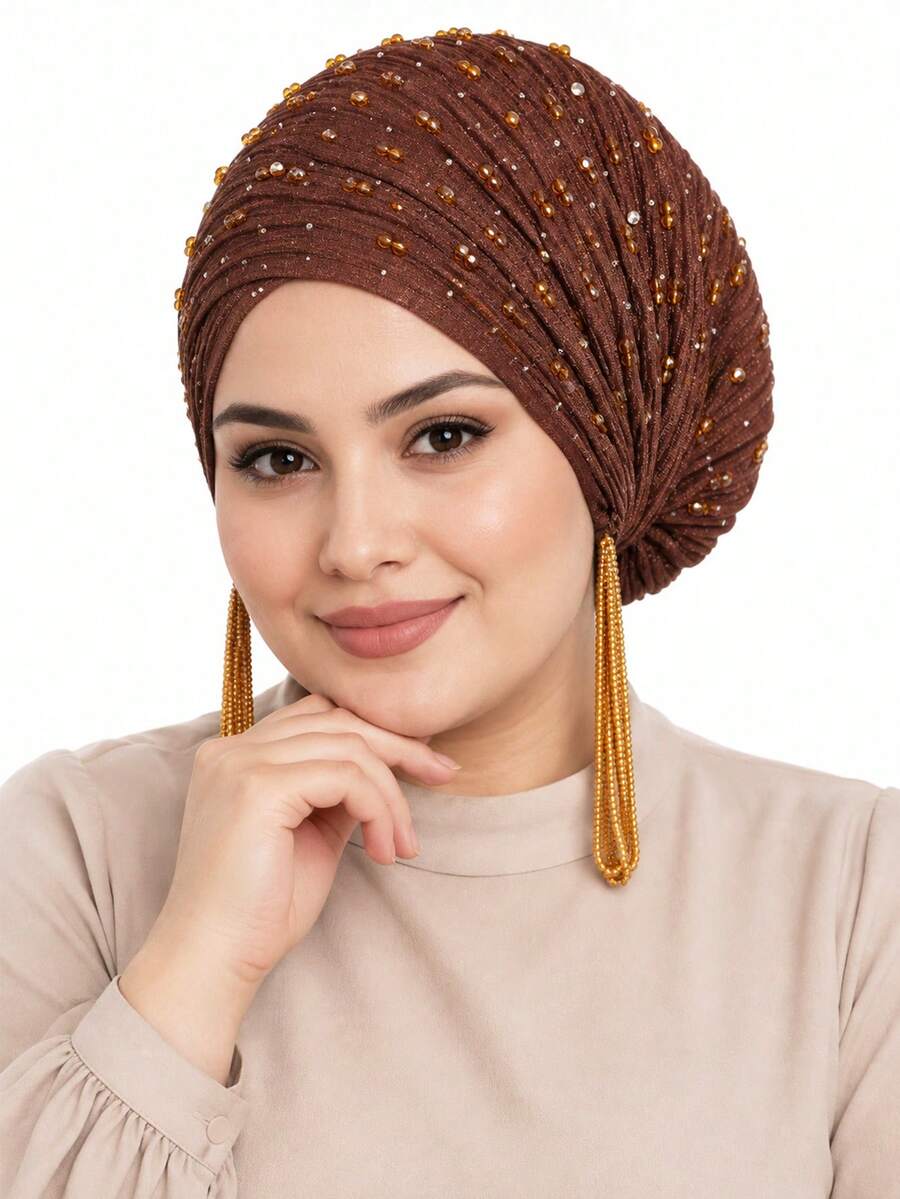 CONFLASS Hijab Berlipit dengan Hiasan Manik-Manik Rhinestone Berkilau, Desain Tali Serut dan Rumbai yang Dapat Diatur, Aksesori Harian Elegan untuk Wanita - MultiWarna - View 1