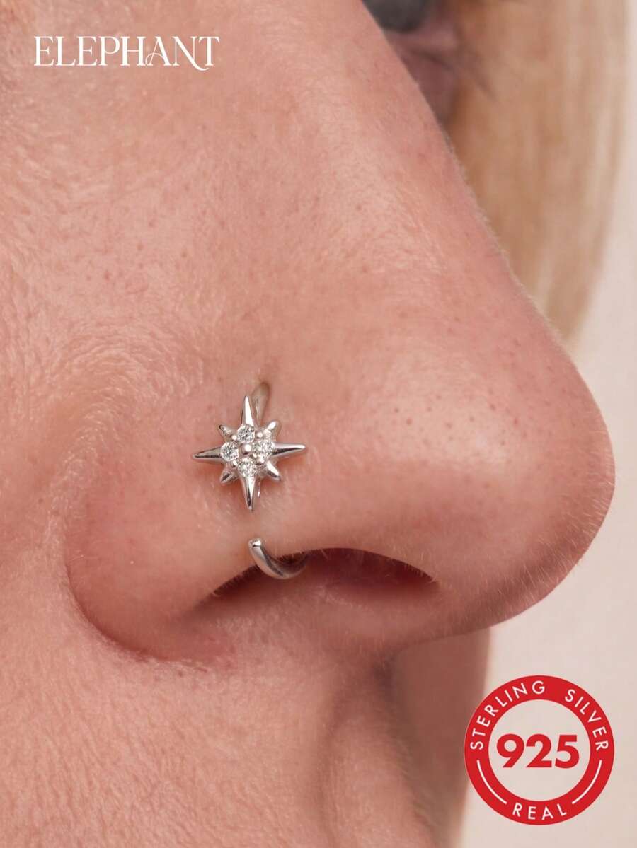 1pc S925 Sterling Silver Mini Diamond Eight-Pointed Star Nose Hook, Pure Silver Nose Jewelry, Minimalist Versatile, Unisex Nose Piercing Accessory, Nose And Ear Universal Piercing Jewelry, Style, Suitable For Men And Women - Multicolor - View 1