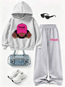 Girls 2-Piece Set, Periodt. Printed Hoodie + Solid Gray Wide Leg Elastic Waist Pants, Casual Daily Outfit For Tween Girls - Multicolor - View 2