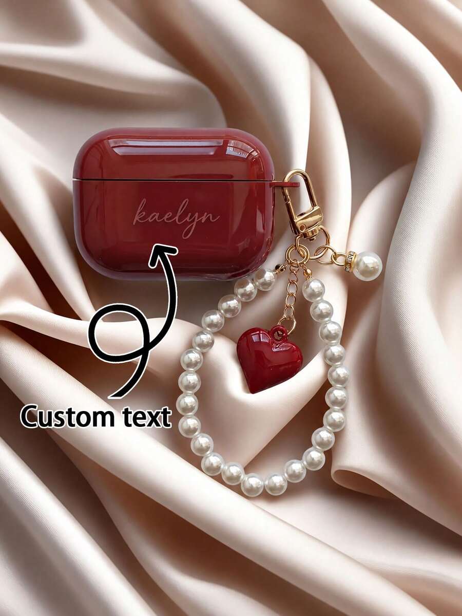 1Pc Personalized Customized Letters Engraving Name Minimalist Premium Solid Color Pearl Earphone Case Compatible With Airpods 1/2 3 4 Pro 2 Protective Case - Multicolor - View 1