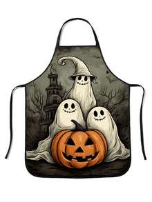 1pc Halloween Ghost Pumpkin Theme Apron, Large Size Premium Fabric, Fun Print Kitchen Party Supplies, Suitable For Gatherings, Parties And Holiday Decor, Perfect For Creating Halloween Party Atmosphere, Halloween Essential - Multicolor 1 - View 1