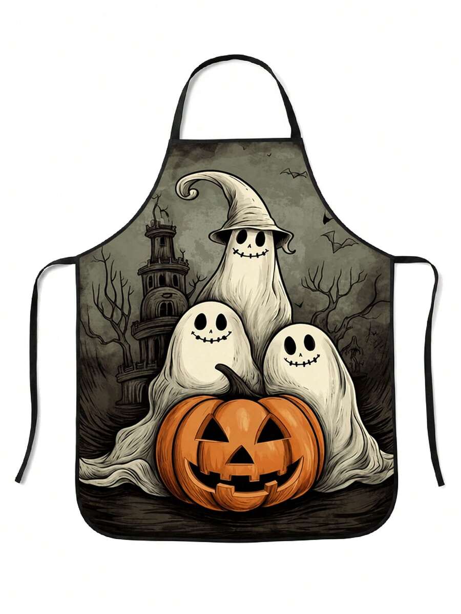 1pc Halloween Ghost Pumpkin Theme Apron, Large Size Premium Fabric, Fun Print Kitchen Party Supplies, Suitable For Gatherings, Parties And Holiday Decor, Perfect For Creating Halloween Party Atmosphere, Halloween Essential - Multicolor 1 - View 1