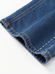 Balabala 女童刺繡直筒牛仔褲 柔軟丹寧長褲 休閒下著 適合前青春期女孩 秋冬穿著 - 牛仔中藍 - 查看 8