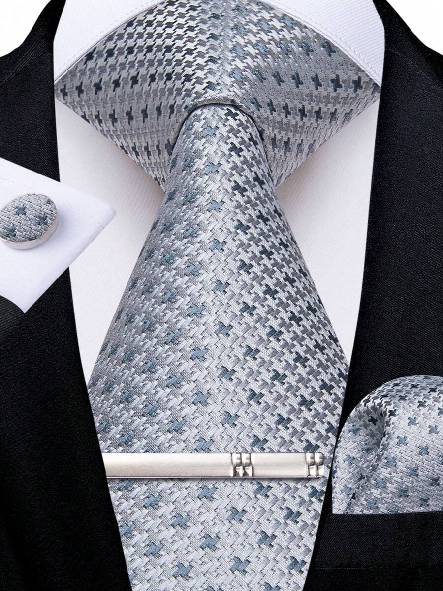 Gray Blue Light Gray Plaid Men's Tie 4pcs Set Pocket Square Cufflinks Silver Tie Clip Business Formal Wedding Accessories - Dusty Blue - View 1