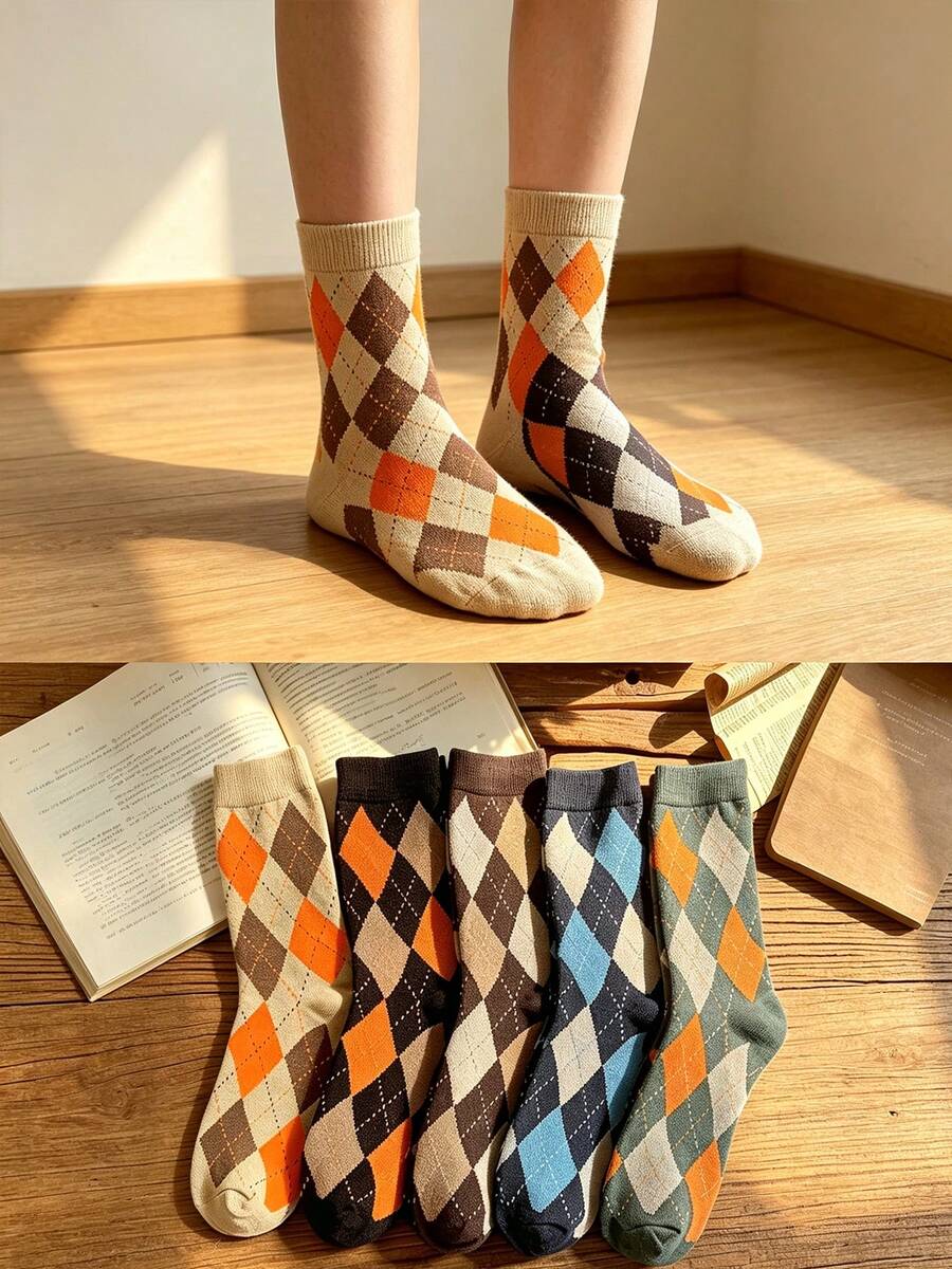 5 Pairs Women Rhombus Plaid Knitted Socks, Leg Slimming Retro Collegiate Style Mid-Calf Socks For Everyday Wear, Cozy - Multicolor - View 1
