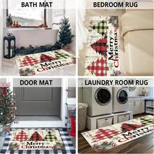 1pc Christmas Series Distressed Wooden Board Plaid Christmas Tree Pattern Printed Faux Cashmere Surface TPR Bottom Door Mat, Bathroom Mat, Kitchen Mat, Laundry Room Mat, Holiday Atmosphere Decor, Home Decor, Party Decor, Wedding Decor, Dining & Kitchen Decor - Multicolor - View 8