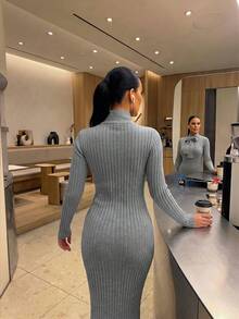 Women's Autumn Set: Gray Long Sleeve Slim Fit Knit Dress, Tie Neck, Fashionable And Elegant, Suitable For Parties And Outings - Grey - View 6