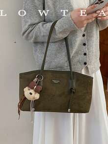 low tea 1pc Minimalist Square PU + Suede Fabric Shoulder Bag, Suitable For Commuting, Shopping, Etc. (With Pendant) - Dark Green - View 13