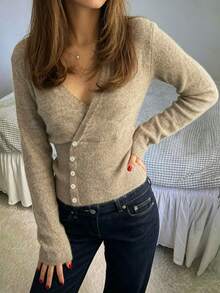 Women's Khaki Knit V-Neck Button Decor Pullover Sweater, Autumn/Winter - Khaki - View 3