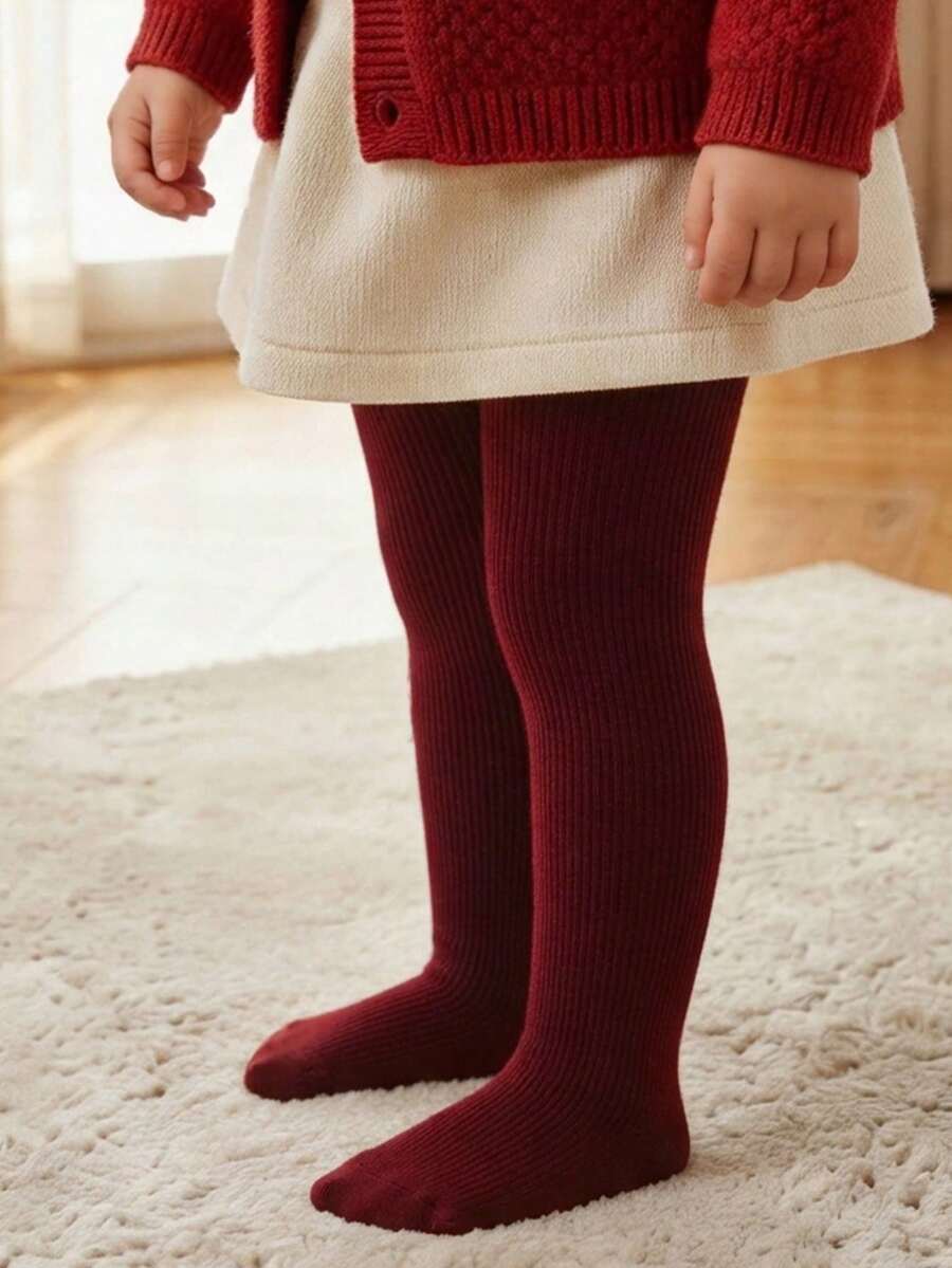 1件裝秋冬兒童/嬰兒/女童純色緊身褲,酒紅色細條紋設計,極簡時尚保暖透氣,親膚柔軟防寒,百搭遮臀,適合秋冬日常穿著/旅行/節日禮物 - 酒紅色 - 查看 1