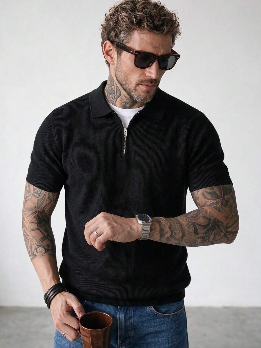 Men's Zipper Short Sleeve Polo Knit Sweater Top - Black - View 1