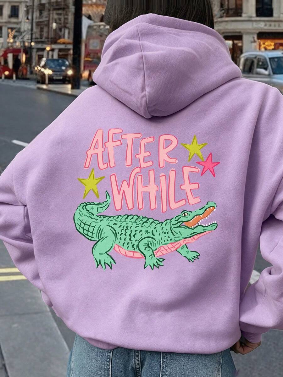 Tween Girls Fall Pullover Hoodie, "After While" Crocodile & Colorful Stars Back Graphic Print, Loose Casual Top - Mauve Purple - View 1