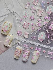 1 Embossed Nail Art Luxury Sticker, New Sweet And Cute Cartoon Nail Charm Sticker, Back Adhesive Rose Bunny Sticker, Nail Art Accessory Sticker - Multicolor - View 4
