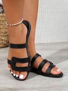 Women's Open Toe Flat Slide Sandals, Minimalist Wide Strap Casual Slippers, Summer Outdoor Wear, Non-Slip - Black - View 3