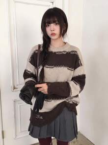 Autumn/Winter New Slouchy Color Block Striped Pullover Mid-Length Sweater Loose Round Neck Knit Top Fall - Brown - View 1