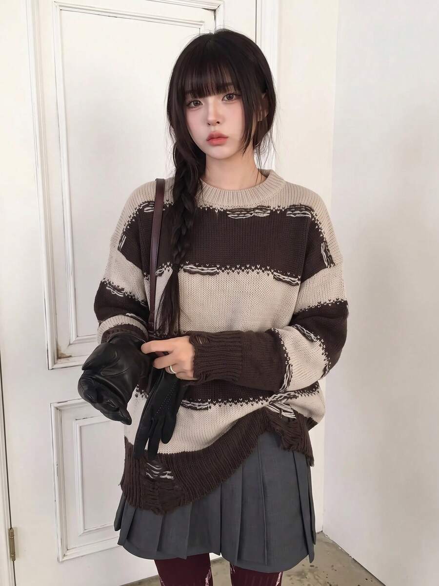 Autumn/Winter New Slouchy Color Block Striped Pullover Mid-Length Sweater Loose Round Neck Knit Top Fall - Brown - View 1