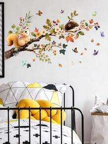 Watercolor Autumn Tree Branch Squirrel Hedgehog Wall Decal, Flowers Autumn Leaves Butterfly Self-Adhesive Removable Kids Room Wall Decoration Sticker - Multicolor - View 3
