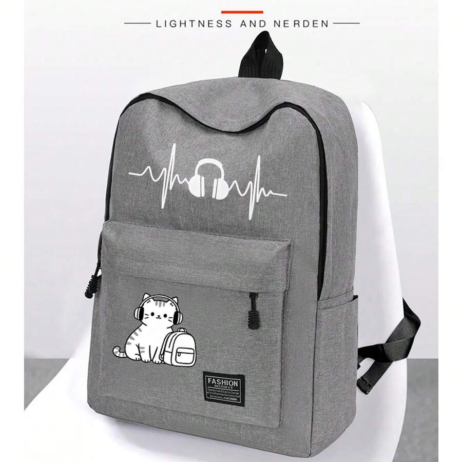 A Printed Backpack With Minimalist Design, Featuring Soundwave Headphones And Music-Listening Cat Print, Unisex Campus Backpack Suitable For Work Commute, Travel, Shopping, And Daily Use, Large Capacity Essential For Your Outings - Backpack - View 1