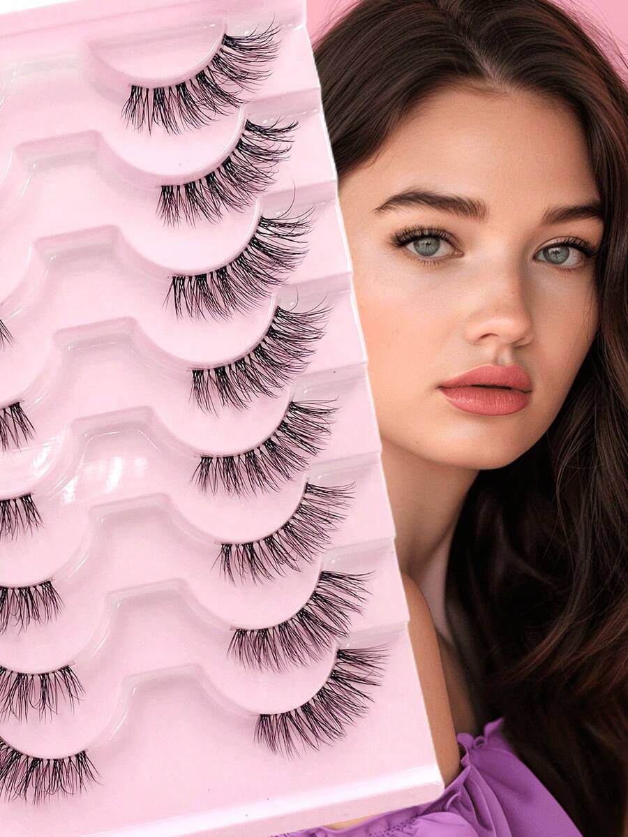 ENCHUW 8 Pairs Half Lashes Clear Band Soft Natural Wispy Cat Eye Lashes Volume Fluffy Half Eye False Eyelash - Black - View 1