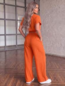 Women's Spring/Summer Casual Daily Vacation 2 Pieces Set, Autumn V-Neck Lightweight Non-Stretch Short Sleeve Home/Commute Elegant 2 Pieces Set, Suitable For Casual Commute, Vacation, Dating And Outdoor Activities - Orange - View 5