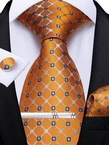 Business Commute Men's Tie 4-Piece Set Orange Gold Blue Plaid Handkerchief Cufflinks Silver Tie Clip Formal Outfit Matching - Yellow - View 1