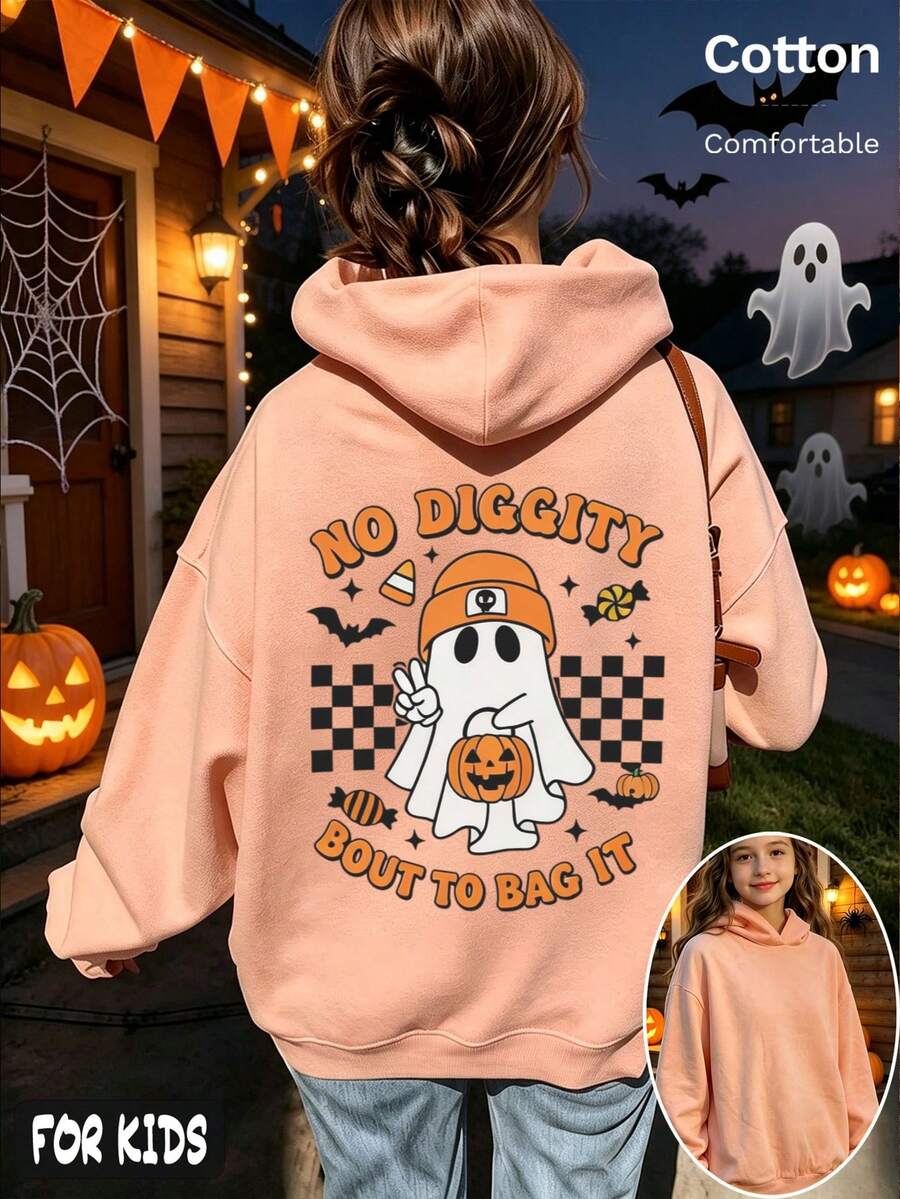 Halloween Girls' Thin Hoodie With Ghost, Pumpkin, Bat, Candy & Checkered Print, 'NO DIGGITY BOUT TO BAG IT' Text, - Hami Melon Orange - View 1