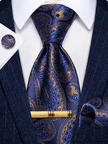Men's Business Formal Tie 4-Piece Set Blue & Gold Paisley Pattern Handkerchief Cufflinks Gold Tie Clip Matching - Blue - View 1