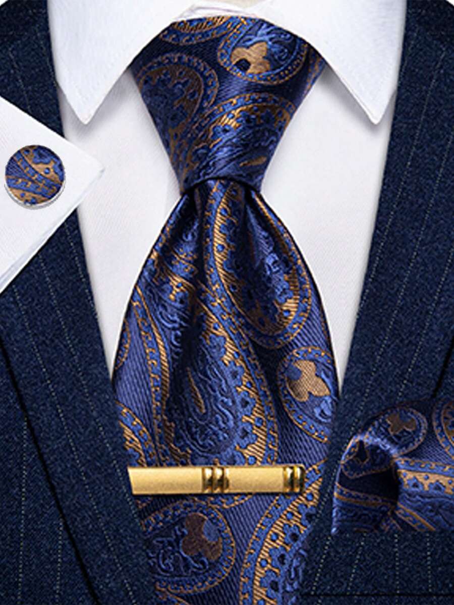 Men's Business Formal Tie 4-Piece Set Blue & Gold Paisley Pattern Handkerchief Cufflinks Gold Tie Clip Matching - Blue - View 1