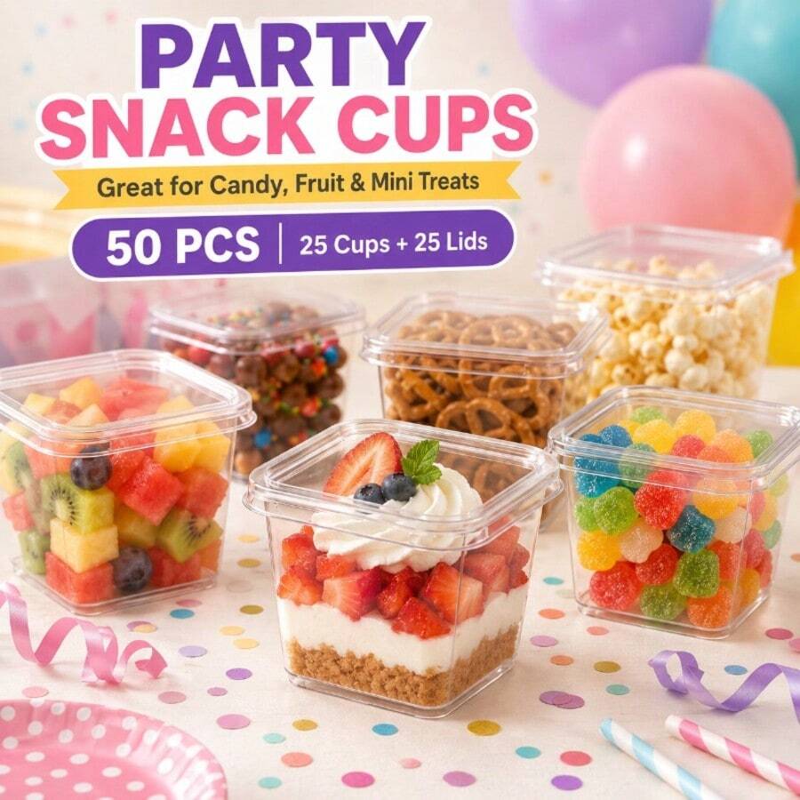 10/50pcs Clear Square Dessert Cups With Lids (25 Containers And 25 Lids), Christmas Food Containers, Mousse Cups, Suitable For Pudding, Mini Cakes, Parfaits, Fruit Cups, Snack Cups, Holiday Party Dessert Table - Multicolor - View 1