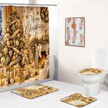 1pc/4pcs Gold Christmas Tree Pattern Multifunctional Bathroom Decor Shower Curtain Set Free 12 Hooks Premium Holiday Atmosphere Bathroom Mat U-Shaped Floor Mat And Round Toilet Lid Cover Suitable For All Scenes Decoration Bathroom Set - Gold Christmas Tree 3 - View 7