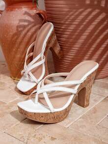 Fashion White Square Toe Cork Chunky High Heel Sandals Summer Beach Toe Post Mules - White - View 3