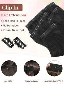 Clip-In Hair Extensions, 4pcs 18 Inch Layered Wavy Hair Pieces, Invisible Lace Hair Fringe Natural Soft Synthetic Hair Extensions For Women - Multicolor - View 5