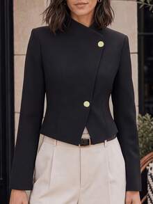 Black Stand Collar Long Sleeve Cropped Women's Jacket With Asymmetric Button Front, Casual Multi-Occasion Outerwear - Black - View 3