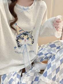 2pcs/Set Women's Pajamas Loungewear Set, Round Neck Pullover Cute Cat Print Long Sleeve Pants, Easy Care Fabric - Light Grey - View 8