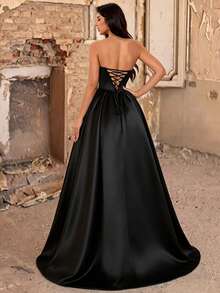 Fall Winter Elegant Black Strapless Satin Corset A-Line Maxi Ball Evening Gown, Lace Up Back Formal Dress For Party Prom Wedding Guest Banquet - Black - View 3