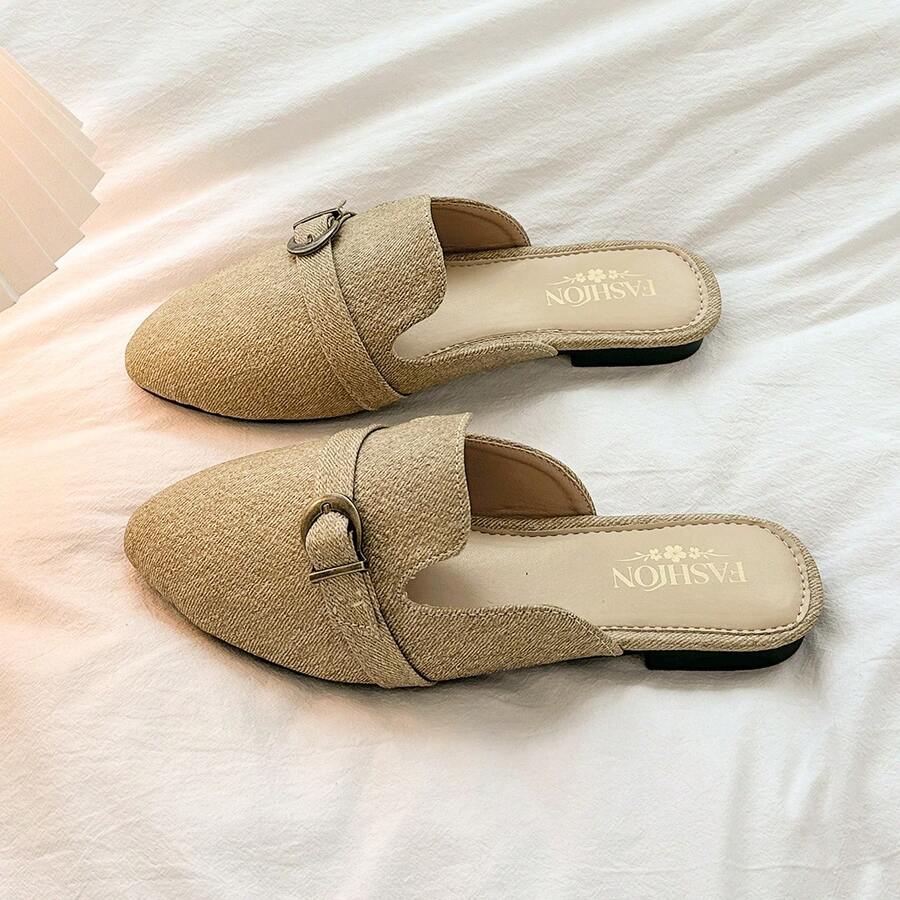 Women's Pointed Toe Buckle Decor Flat Mule Shoes, Daily Commute Casual Slip-On Closed Toe Backless Loafer Mules - Khaki - View 1