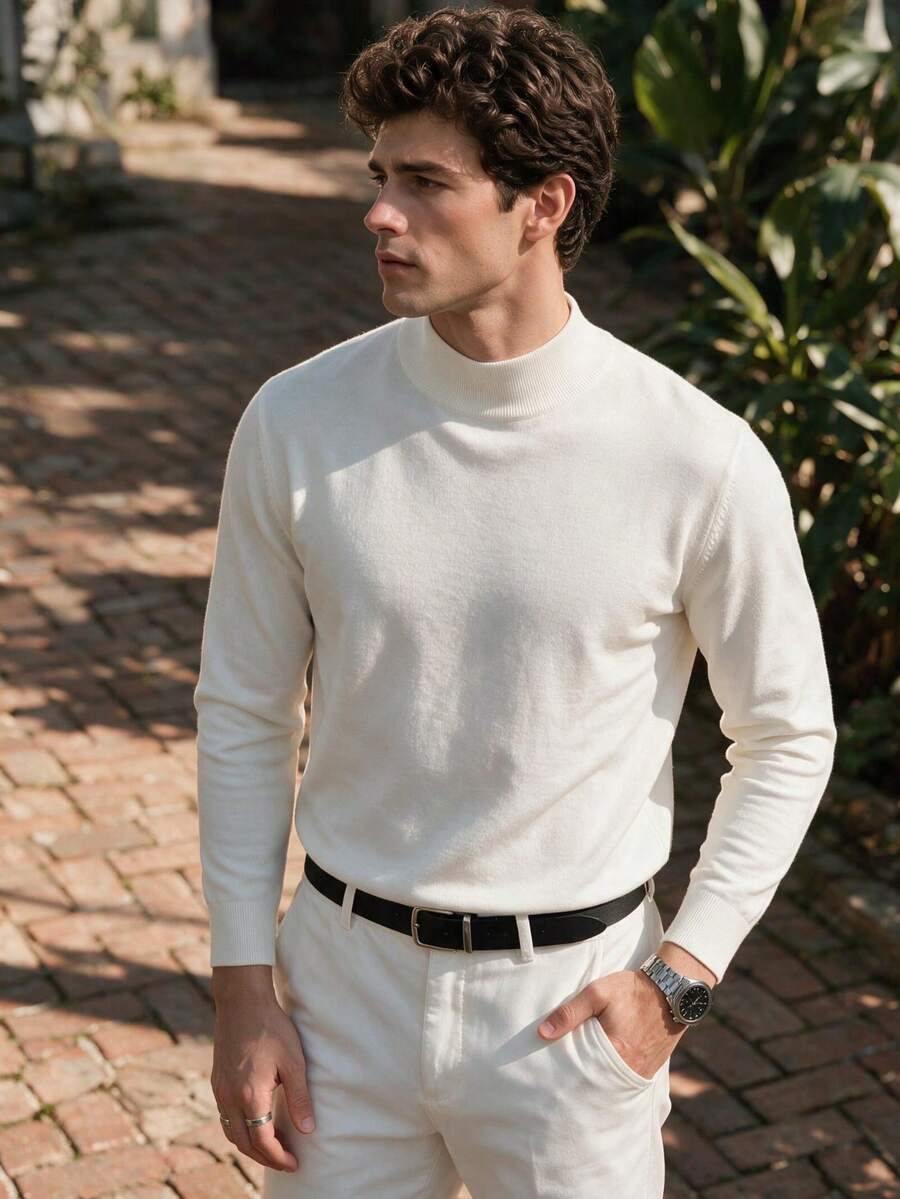 Men's Solid Color Knit Base Layer T-Shirt Sweater, Suitable For Office And Daily Wear Layering Piece - White - View 1