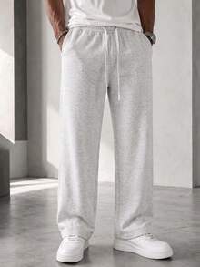 Blueprint Man 1pc Men's Long Pants Solid Color Drawstring Elastic Waist Loose Drape Knit Fabric Soft Skin-Friendly Durable Easy Care Machine Washable Dry Cleanable Casual Relaxed Versatile Style Daily Friends Gathering Commute Office Wear Men's Clothing - Light Grey - View 2